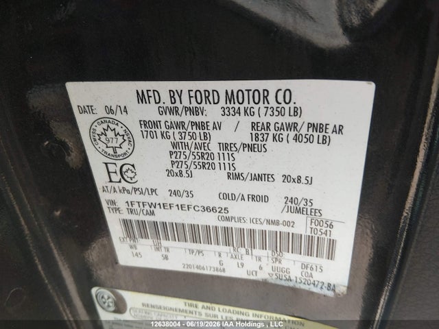 12638004 :رقم المزاد ، 1FTFW1EF1EFC36625 vin ، 2014 Ford F150 Supercrew مزاد بيع