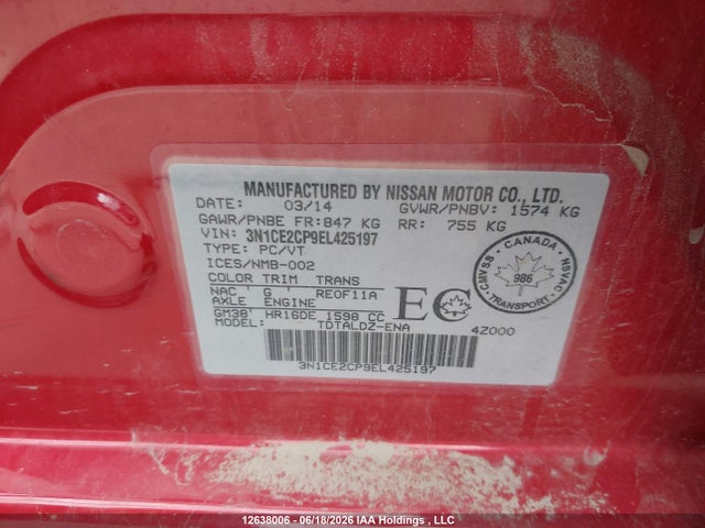 3N1CE2CP9EL425197 Nissan Versa Note 1.6 S/1.6 Sl/1.6 Sv