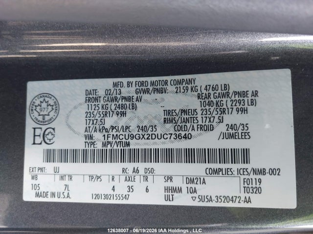 12638007 :رقم المزاد ، 1FMCU9GX2DUC73640 vin ، 2013 Ford Escape Se مزاد بيع