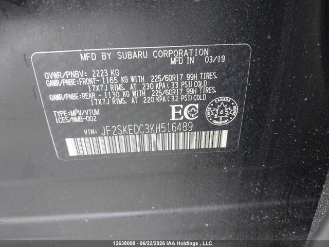 12638008 :رقم المزاد ، JF2SKEDC3KH516489 vin ، 2019 Subaru Forester 2.5i Convenience مزاد بيع