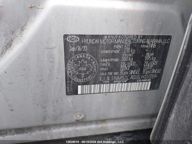 12638019 :رقم المزاد ، 5NMS2CAD3LH217259 vin ، 2020 Hyundai Santa Fe Essential Awd With Smartsense Package مزاد بيع