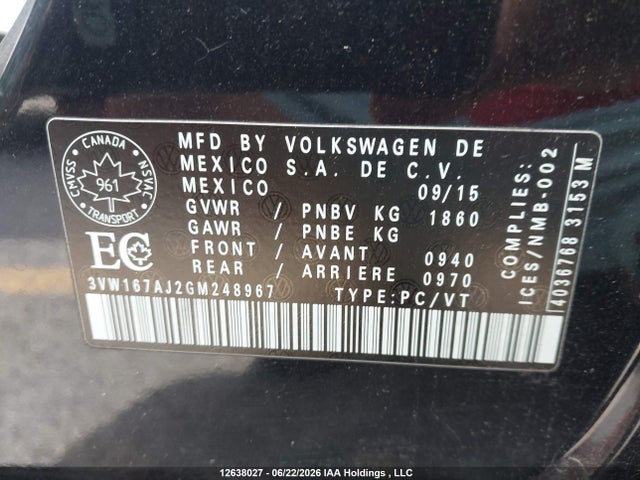 3VW167AJ2GM248967 Volkswagen Jetta 1.4 Tsi Trendline/1.4 Tsi Trendline+