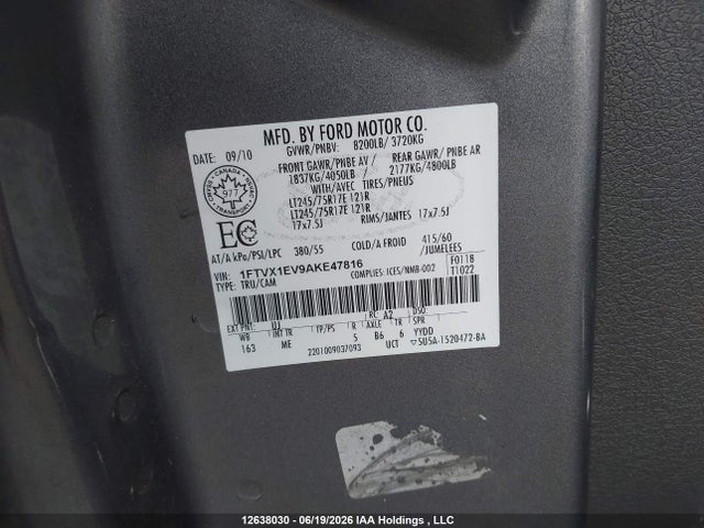 Продаж на аукціоні авто 2010 Ford F-150 Fx4/lariat/svt Raptor/xl/xl W/midbox Prep/xlt/xlt W/midbox Prep, vin: 1FTVX1EV9AKE47816, номер лоту: 12638030