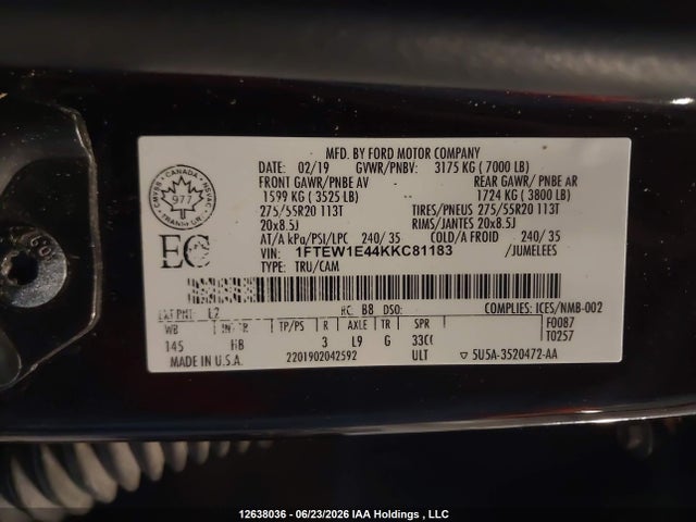 Продаж на аукціоні авто 2019 Ford F150 Supercrew, vin: 1FTEW1E44KKC81183, номер лоту: 12638036