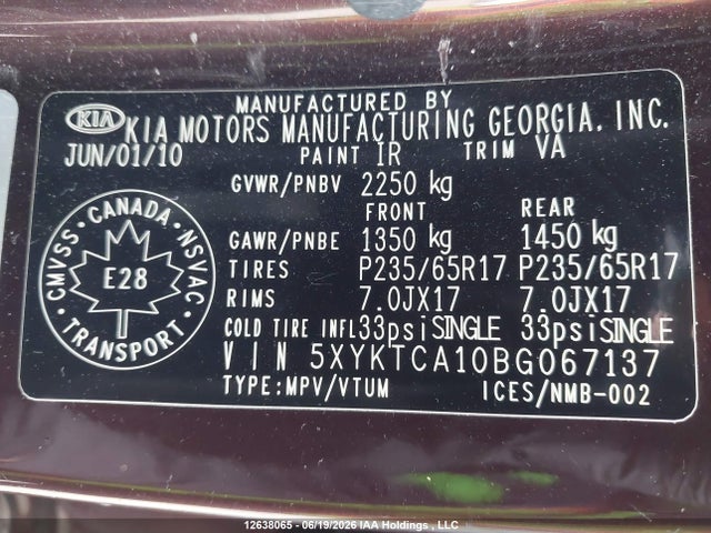 Продажа на аукционе авто 2011 Kia Sorento Lx, vin: 5XYKTCA10BG067137, номер лота: 12638065