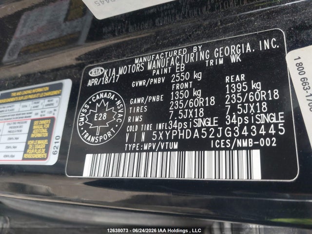Aukcja sprzedaży 2018 Kia Sorento 3.3l Ex/3.3l Ex+, vin: 5XYPHDA52JG343445, numer aukcji: 12638073