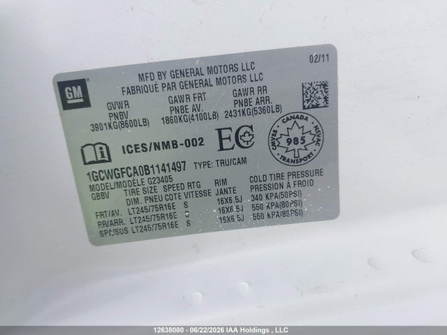 12638080 :رقم المزاد ، 1GCWGFCA0B1141497 vin ، 2011 Chevrolet Express 2500 Standard مزاد بيع