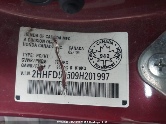 2009 Acura Csx მანქანა იყიდება აუქციონზე, vin: 2HHFD56509H201997, აუქციონის ნომერი: 12638087