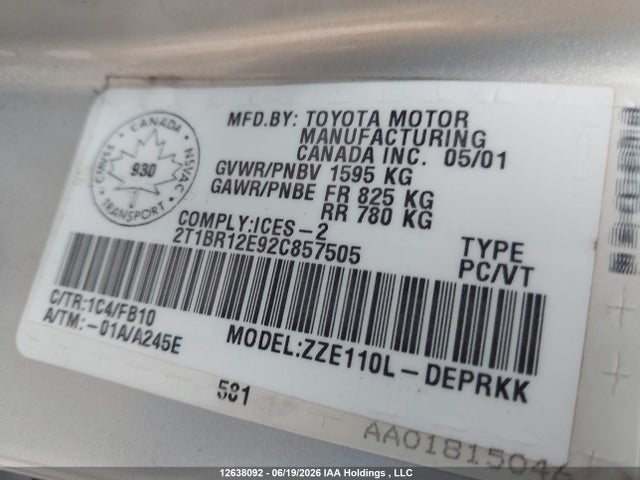 12638092 :رقم المزاد ، 2T1BR12E92C857505 vin ، 2002 Toyota Corolla Ce مزاد بيع