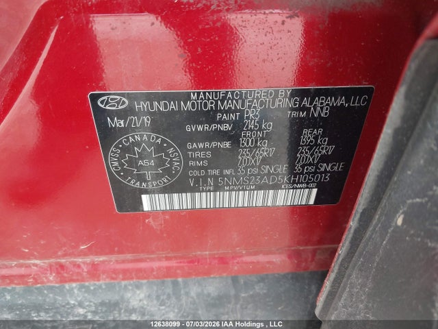 Продажа на аукционе авто 2019 Hyundai Santa Fe Essential, vin: 5NMS23AD5KH105013, номер лота: 12638099