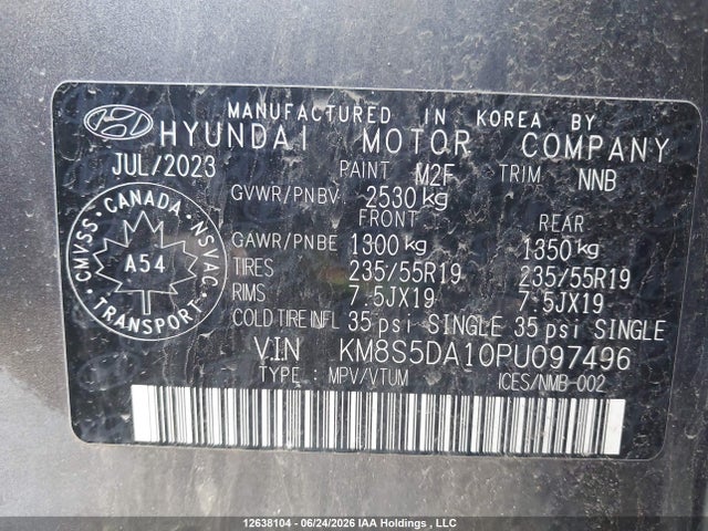 2023 Hyundai Santa Fe Luxury Hybrid Awd მანქანა იყიდება აუქციონზე, vin: KM8S5DA10PU097496, აუქციონის ნომერი: 12638104