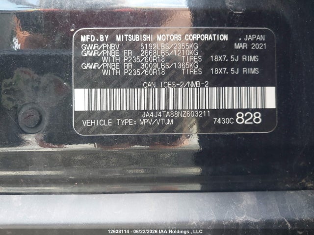 JA4J4TA88NZ603211 Mitsubishi Outlander Es