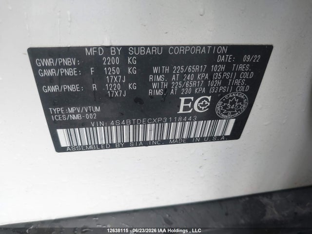 Продажа на аукционе авто 2023 Subaru Outback Touring, vin: 4S4BTDECXP3118443, номер лота: 12638115
