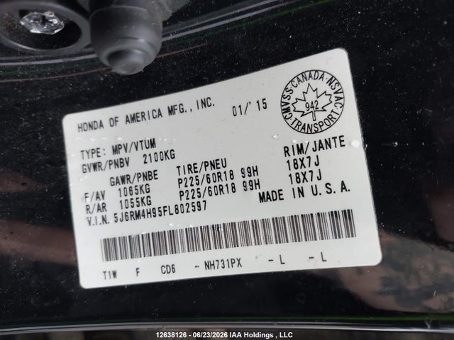 Продаж на аукціоні авто 2015 Honda Cr-v Touring, vin: 5J6RM4H95FL802597, номер лоту: 12638126
