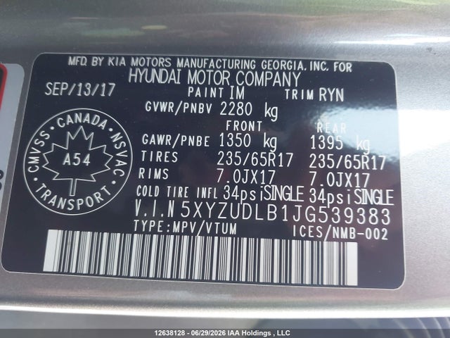 Продаж на аукціоні авто 2018 Hyundai Santa Fe, vin: 5XYZUDLB1JG539383, номер лоту: 12638128