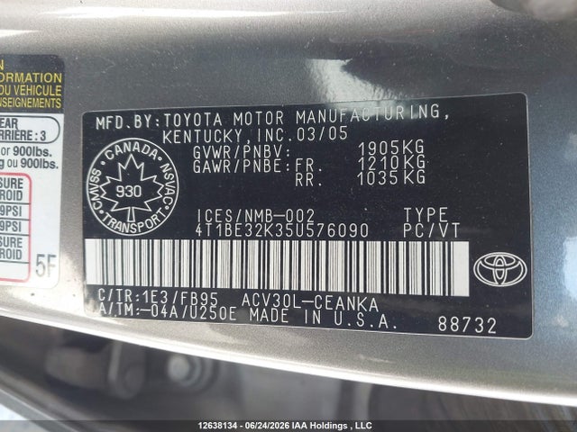 2005 Toyota Camry Le/xle/se მანქანა იყიდება აუქციონზე, vin: 4T1BE32K35U576090, აუქციონის ნომერი: 12638134