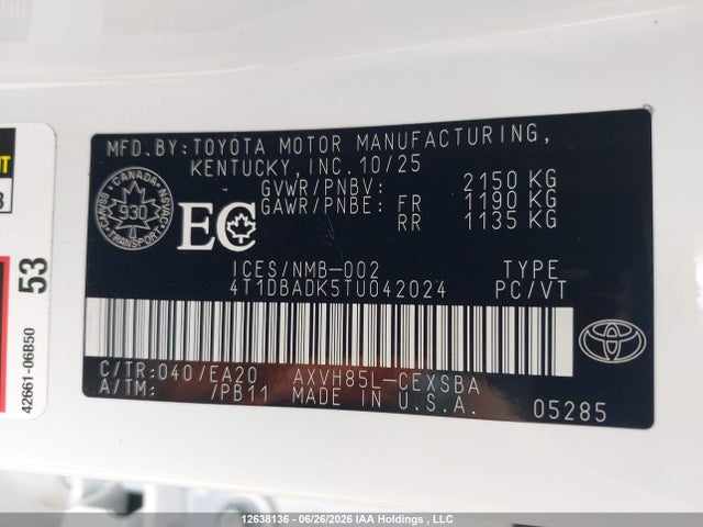 2026 Toyota Camry მანქანა იყიდება აუქციონზე, vin: 4T1DBADK5TU042024, აუქციონის ნომერი: 12638136