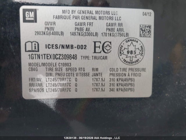 Aukcja sprzedaży 2012 Gmc Sierra 1500 Wt, vin: 1GTN1TEX0CZ309848, numer aukcji: 12638138