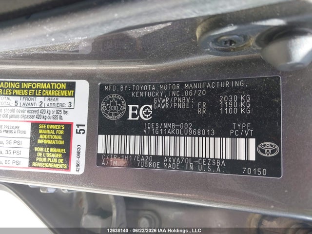 2020 Toyota Camry Se/se Night Shade მანქანა იყიდება აუქციონზე, vin: 4T1G11AK0LU968013, აუქციონის ნომერი: 12638140