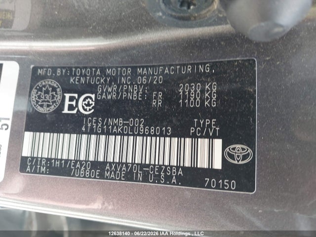 2020 Toyota Camry Se/se Night Shade მანქანა იყიდება აუქციონზე, vin: 4T1G11AK0LU968013, აუქციონის ნომერი: 12638140