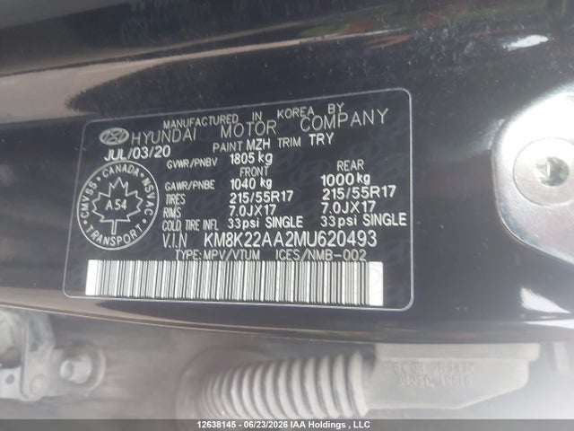 12638145 :رقم المزاد ، KM8K22AA2MU620493 vin ، 2021 Hyundai Kona Sel مزاد بيع