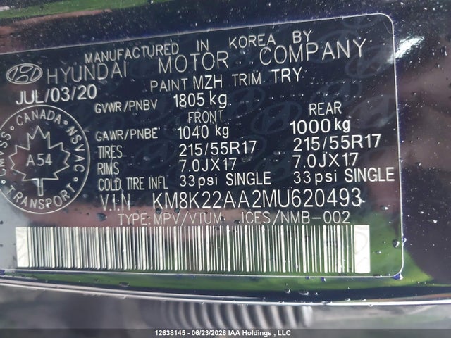 12638145 :رقم المزاد ، KM8K22AA2MU620493 vin ، 2021 Hyundai Kona Sel مزاد بيع
