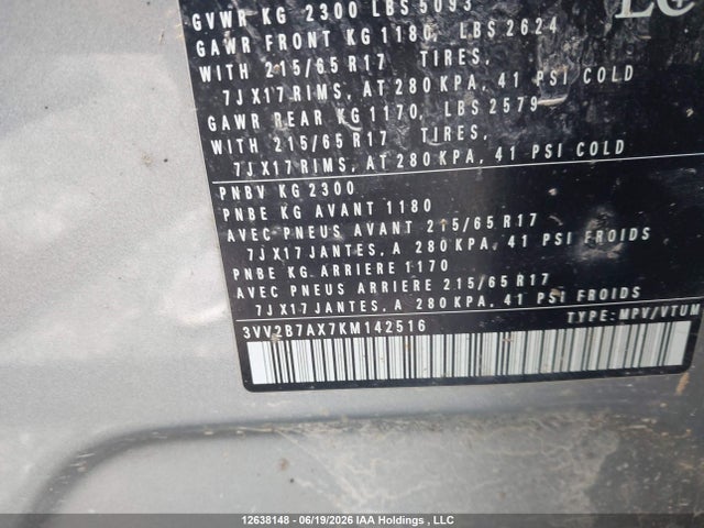 3VV2B7AX7KM142516 Volkswagen Tiguan Se/sel/sel R-line Jet-black/sel R-line