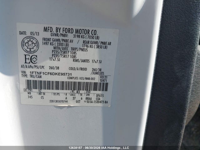12638157 :رقم المزاد ، 1FTNF1CF6DKE95731 vin ، 2013 Ford F-150 Xl/xlt مزاد بيع