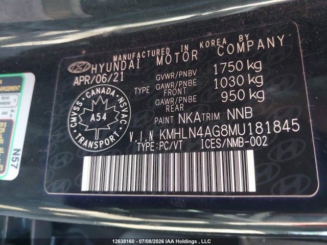 12638160 :رقم المزاد ، KMHLN4AG8MU181845 vin ، 2021 Hyundai Elantra Ultimate Ivt مزاد بيع