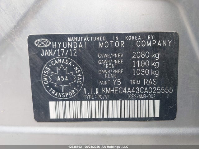 12638162 :رقم المزاد ، KMHEC4A43CA025555 vin ، 2012 Hyundai Sonata مزاد بيع
