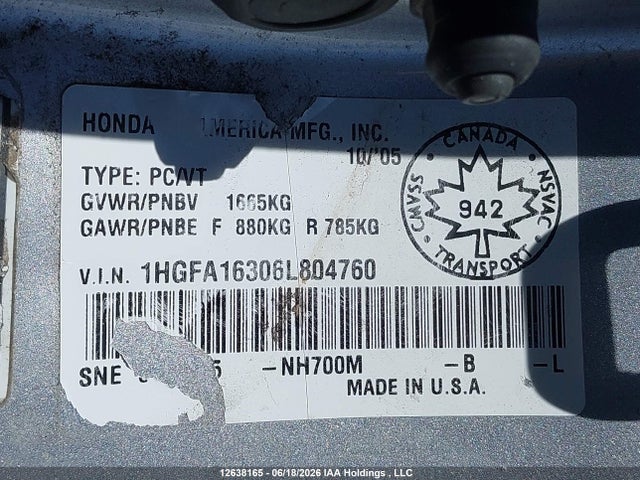 2006 Honda Civic Dx-g მანქანა იყიდება აუქციონზე, vin: 1HGFA16306L804760, აუქციონის ნომერი: 12638165