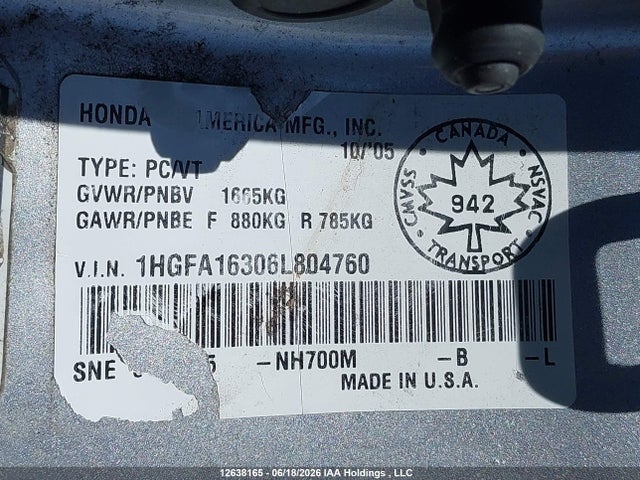 2006 Honda Civic Dx-g მანქანა იყიდება აუქციონზე, vin: 1HGFA16306L804760, აუქციონის ნომერი: 12638165