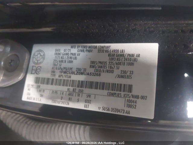 2021 Ford Escape Phev Titanium მანქანა იყიდება აუქციონზე, vin: 1FMCU0LZ0MUA53268, აუქციონის ნომერი: 12638168
