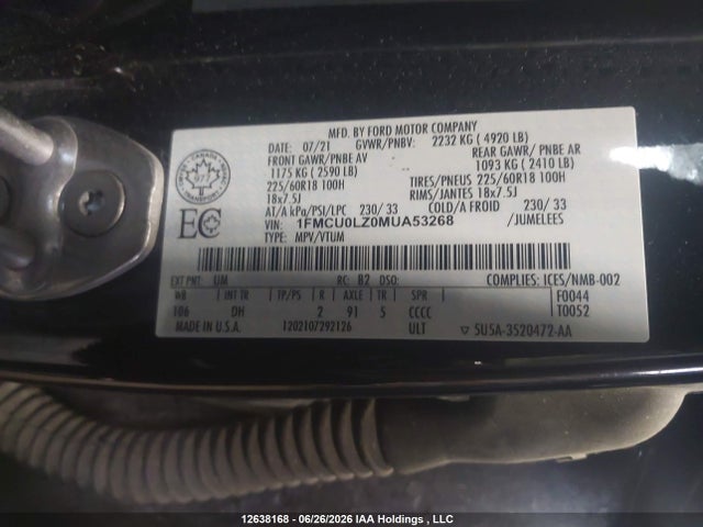 2021 Ford Escape Phev Titanium მანქანა იყიდება აუქციონზე, vin: 1FMCU0LZ0MUA53268, აუქციონის ნომერი: 12638168