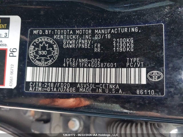Toyota Camry 2016 4T1BF1FK4GU587601 Image 9