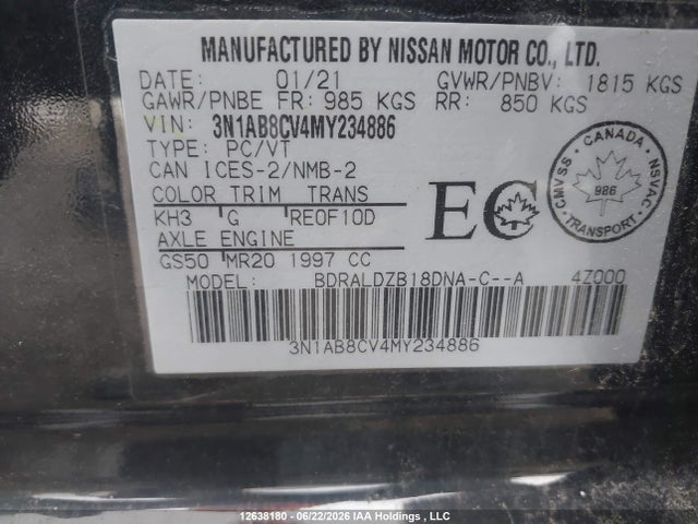 Продажа на аукционе авто 2021 Nissan Sentra Sv, vin: 3N1AB8CV4MY234886, номер лота: 12638180