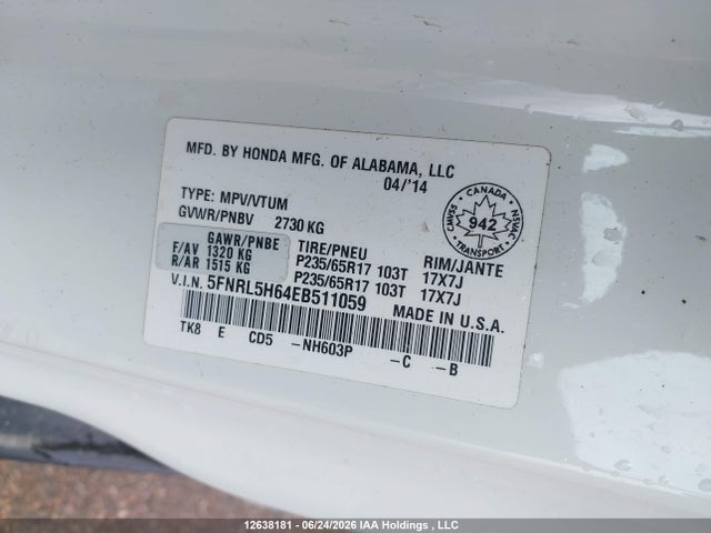 2014 Honda Odyssey Ex-l მანქანა იყიდება აუქციონზე, vin: 5FNRL5H64EB511059, აუქციონის ნომერი: 12638181
