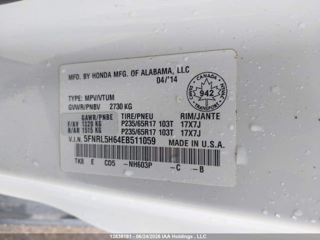2014 Honda Odyssey Ex-l მანქანა იყიდება აუქციონზე, vin: 5FNRL5H64EB511059, აუქციონის ნომერი: 12638181