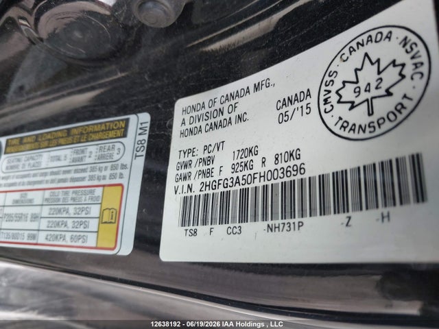 12638192 :رقم المزاد ، 2HGFG3A50FH003696 vin ، 2015 Honda Civic Ex مزاد بيع