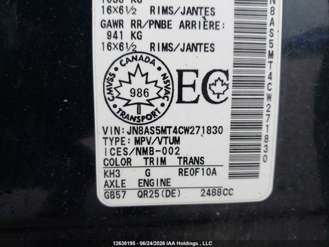 Aukcja sprzedaży 2012 Nissan Rogue S/sv, vin: JN8AS5MT4CW271830, numer aukcji: 12638195