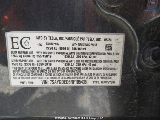 Tesla Model Y Long Range/rwd 2024 7SAYGDED6RF105435 Image 19