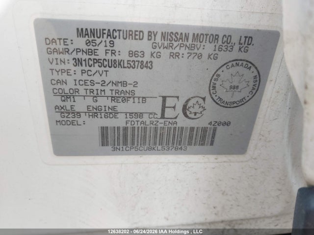 12638202 :رقم المزاد ، 3N1CP5CU8KL537843 vin ، 2019 Nissan Kicks S/sr/sv مزاد بيع