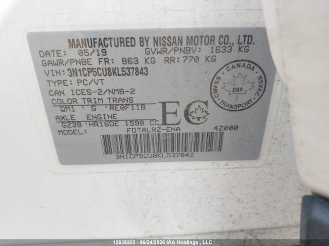 12638202 :رقم المزاد ، 3N1CP5CU8KL537843 vin ، 2019 Nissan Kicks S/sr/sv مزاد بيع