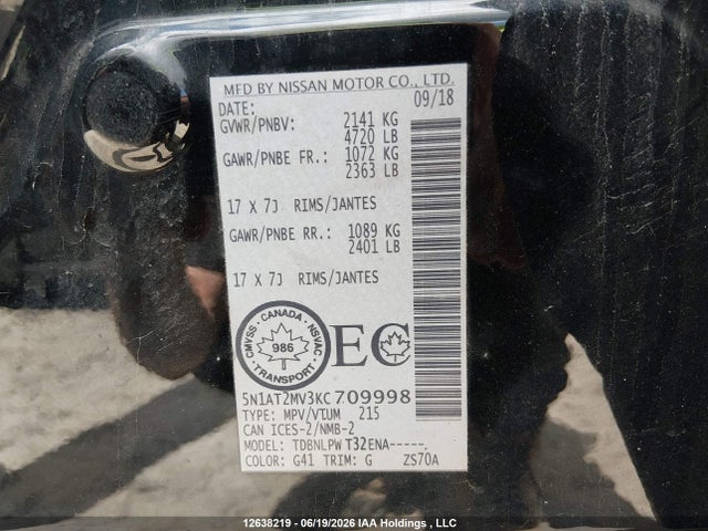 5N1AT2MV3KC709998 Nissan Rogue S/sl/sv