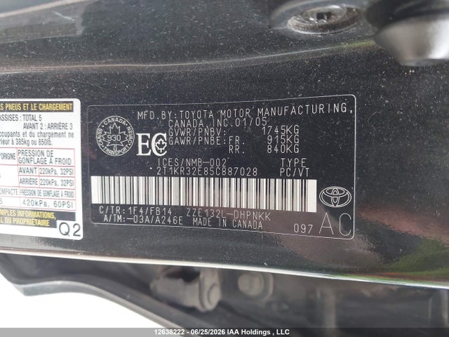 2005 Toyota Matrix Xr მანქანა იყიდება აუქციონზე, vin: 2T1KR32E85C887028, აუქციონის ნომერი: 12638222