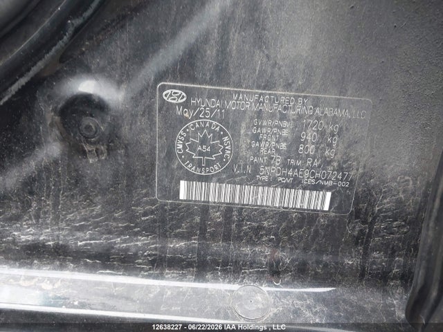 12638227 :رقم المزاد ، 5NPDH4AE9CH072477 vin ، 2012 Hyundai Elantra Gls مزاد بيع