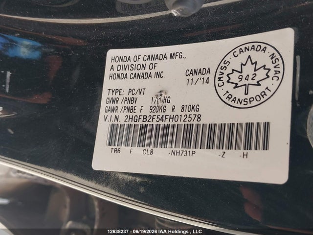 Honda CIVIC SEDAN 2015 2HGFB2F54FH012578 Image 9