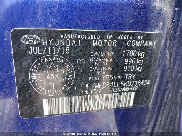 12638240 :رقم المزاد ، KMHD84LF5KU738434 vin ، 2019 Hyundai Elantra Preferred مزاد بيع