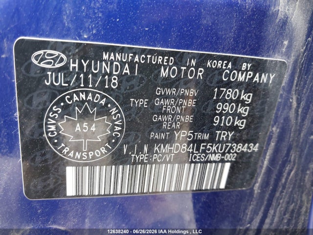 12638240 :رقم المزاد ، KMHD84LF5KU738434 vin ، 2019 Hyundai Elantra Preferred مزاد بيع
