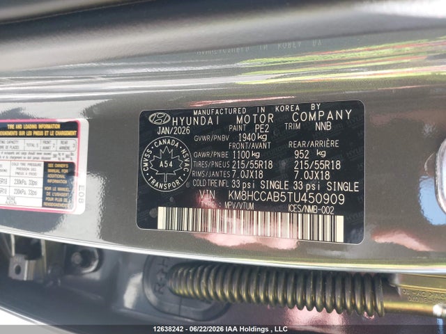 Продаж на аукціоні авто 2026 Hyundai Kona Preferred-trend, vin: KM8HCCAB5TU450909, номер лоту: 12638242
